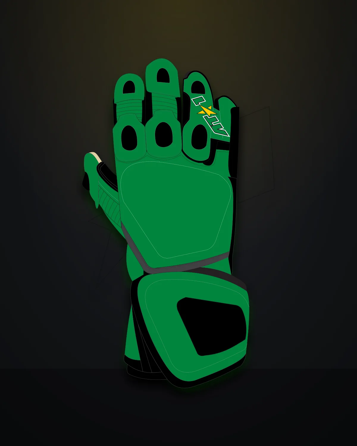 Green & Gold Gloves — Dorsal (knuckle side)